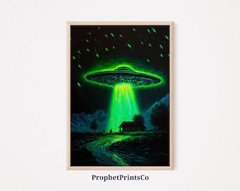 UFO Modern Poster Print | Flying Saucer Wall Art | Green Alien Lover Gift | Cool Area 51 Home Décor | Printable Wall Art | DIGITIAL DOWNLOAD