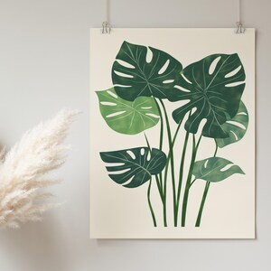 May include: A digital illustration of a tropical plant with large, green leaves. The leaves are arranged in a cluster, with some overlapping. The background is a light cream color.