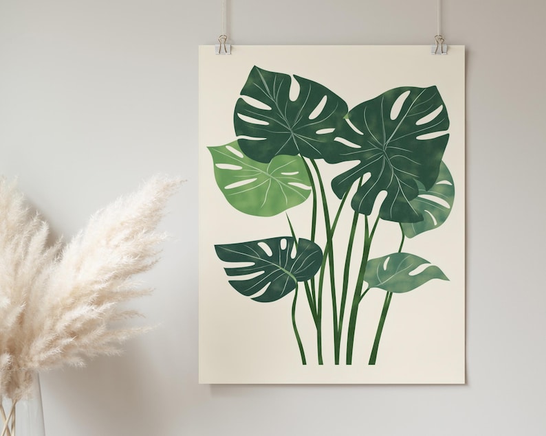 May include: A digital illustration of a tropical plant with large, green leaves. The leaves are arranged in a cluster, with some overlapping. The background is a light cream color.