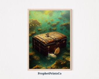 Treasure Chest Poster Print | Pirate Wall Art | Ocean Lover Gift | Original Oil Painting Home Décor | Printable Wall Art | DIGITIAL DOWNLOAD