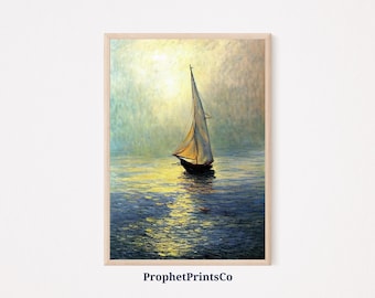 Gedämpftes Segelboot Poster Print | Haus am See Wandkunst | Vintage Küsten Geschenk | Blaues nautisches Wohndekor | Druckbare Wandkunst | Digitaler Download