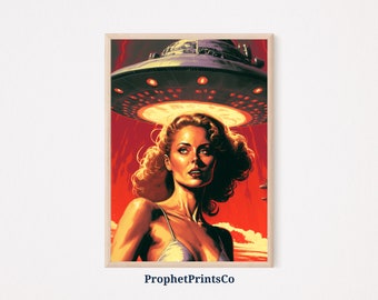 Trippy UFO Poster Print / Vintage Pin Up Wall Art / Alien Lover Gift / Original Space Home Décor / Printable Wall Art / DIGITIAL DOWNLOAD