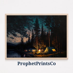 Impresión de póster de camping en la playa / Arte nocturno de la pared costera / Regalo para amantes de California / Decoración del hogar de palmeras / Arte de pared imprimible / DESCARGA DIGITAL