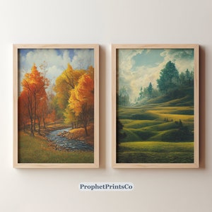 SET OF 2 Landscape Painting Poster Prints | Fall Landscape Wall Art | Housewarming Gift | Green Art Home Décor | Digital Printable Wall Art