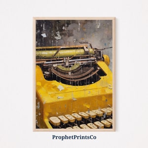 May include: A vintage yellow typewriter with a worn, distressed look. The keys are visible and the typewriter is set against a textured background.