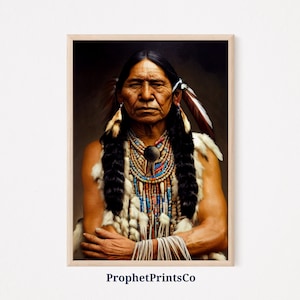 May include: A portrait of a Native American man with long black braids, wearing a beaded necklace and a white feathered headdress. He is looking directly at the viewer with a serious expression.