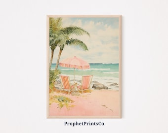 Roze strandprint | Roze muurkunst | Girly kunst aan de muur | Girly strandprint | Preppy esthetische kamerdecoratie | Afdrukbare muurkunst | Digitaal downloaden