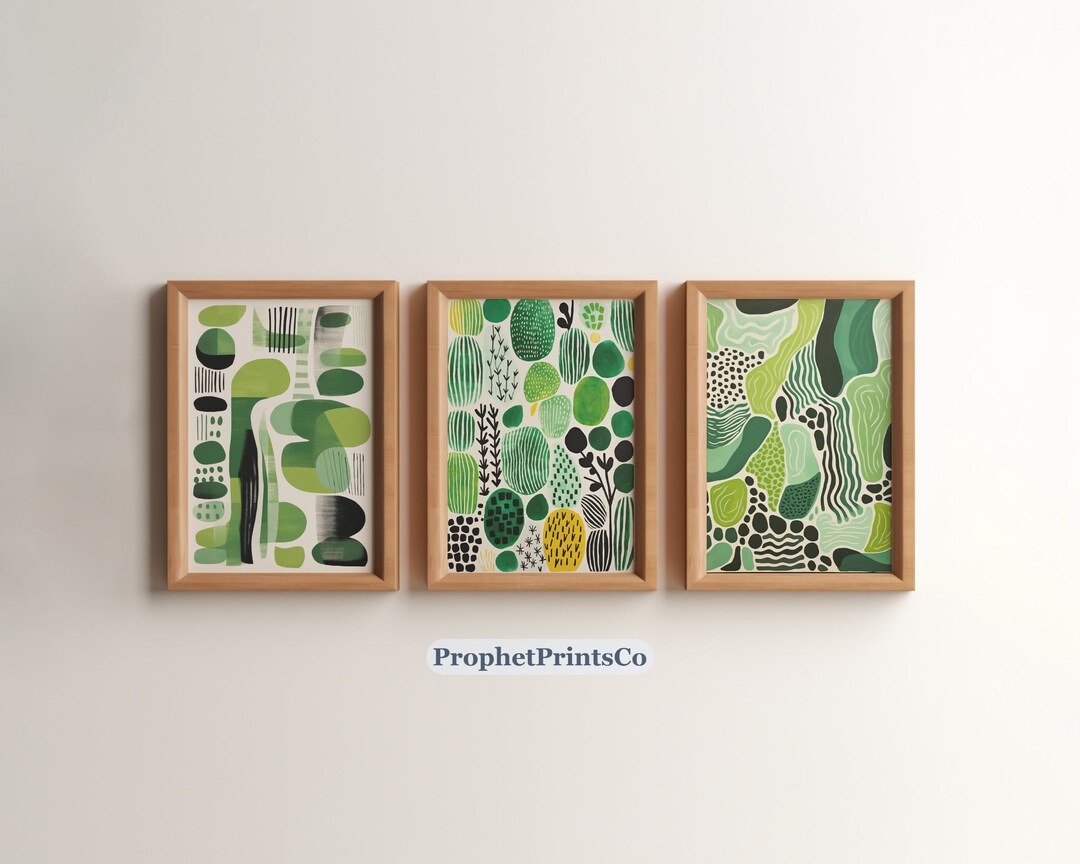 Set of 3 Boho Sage Green Prints | Mid Century Wall Line Art Print Set ...