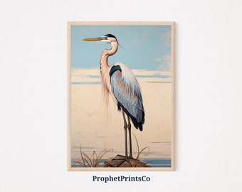 Impresión de garza azul / Arte de la pared costera / Arte de garza azul / Impresiones de aves costeras / Impresión de arte de pájaro garza / Arte de pared imprimible / Descarga digital