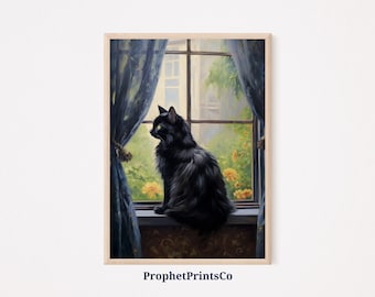 Black Cat Art Print | Dark Academia Decor | Cute Black Cat Gift | Black Cat Poster | Cat Wall Art | Printable Wall Art | Digital Download