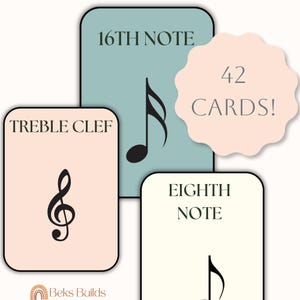 Op de afbeelding: Een set van 42 muziek flashcards met een licht kleurenpalet. De kaarten tonen muzieksymbolen zoals de G-sleutel, achtste noot en zestiende noot. De tekst "42 CARDS!" staat op een roze, geschulpte vorm.