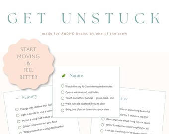 ADHD Printable Get Unstuck Guide | Executive Dysfunction Help | Dopamine Menu | AuDHD Self Care Reset | Mental Health Checklist