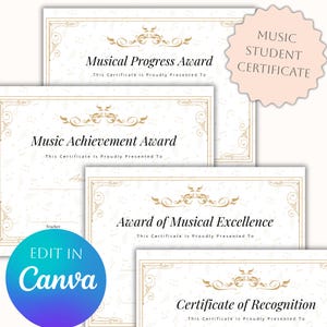 Könnte beinhalten: Ein Set aus vier rechteckigen Zertifikaten mit cremefarbenem Hintergrund, verziert mit einem goldenen Notenmuster und goldenen Rändern. Der Text lautet Musical Progress Award, Music Achievement Award, Award of Musical Excellence und Certificate of Recognition.