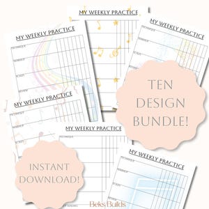 May include: A collection of printable music practice sheets with the text "MY WEEKLY PRACTICE". The sheets have sections for technique, warmup, scales, and review. One sheet has a rainbow design, and another has musical notes. The image also includes the text "TEN DESIGN BUNDLE!" and "INSTANT DOWNLOAD!"