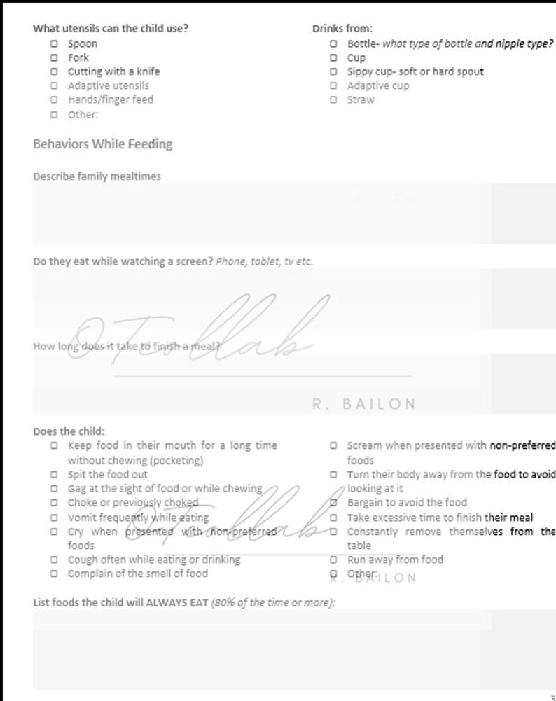 Pediatric Feeding Therapy Evaluation Guide Fillable PDF Etsy