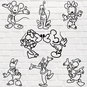 May include: Black and white line art illustrations of various Disney characters, including Mickey Mouse, Minnie Mouse, Pluto, and Donald Duck. The characters are depicted in various poses, such as standing, sitting, and dancing.