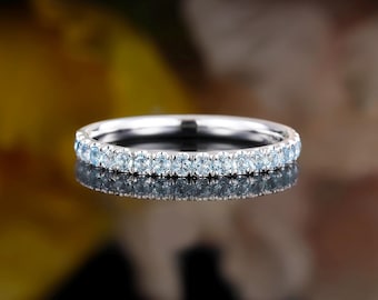 Aquamarine white gold wedding band Vintage stacking matching band wedding ring Promise anniversary gift for her Unique prong set ring women