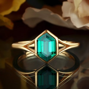 Long hexagon lab emerald engagement ring, solitaire yellow gold wedding ring, unique split bridal ring, promise bezel set anniversary ring