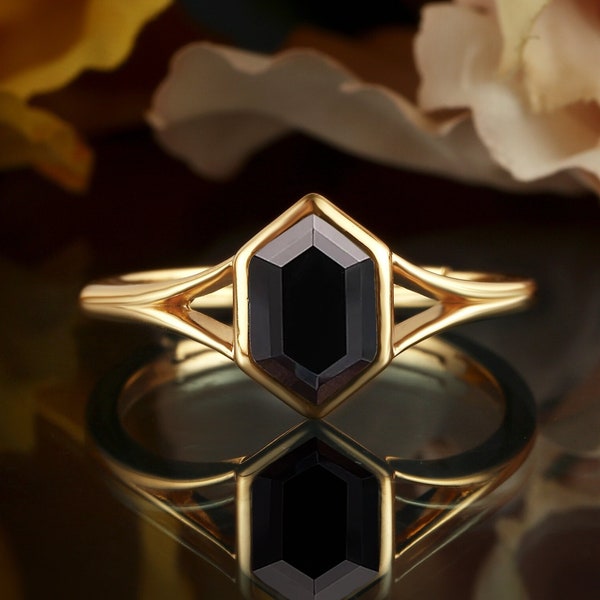 Long hexagon black onyx ring vintage rose gold engagement ring art deco bridal ring bezel set split shank ring women promise wedding ring