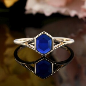 Long hexagon lab grown blue sapphire ring, solitaire yellow gold wedding ring, unique split ring women, promise bezel set anniversary ring