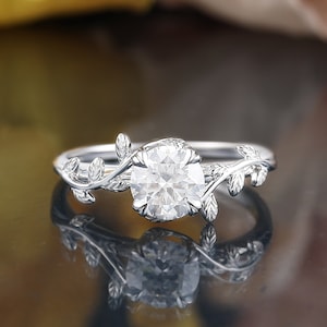 Solitaire moissanite white gold engagement ring, Nature inspired leaf ring, Branch twig twisted curved ring, Unique anniversary bridal ring