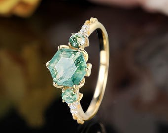 Anello di fidanzamento in agata muschiata con taglio esagonale, anello nuziale in oro giallo con moissanite, anello di diamanti a griffe, regalo per lei, anello nuziale con promessa di anniversario