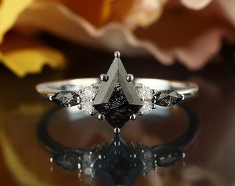 Kite cut black rutilated quartz engagement ring, vintage art deco wedding ring, unique white gold bridal ring, marquise cut anniversary ring