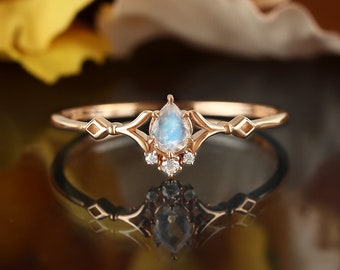 Pear shaped moonstone engagement ring, vintage rose gold art deco ring, unique promise wedding ring women, diamond moissanite bridal ring
