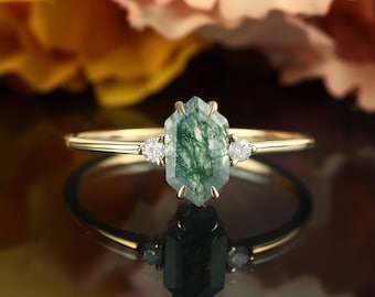 Lange Hexagon Moosachat Verlobungsring, Weißgold Ehering, drei Stein Jubiläumsring, Versprechensring, Brautring Frauen