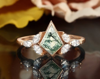 Drachenschliff Moosachat Verlobungsring, vintage Art Deco Ehering, einzigartiger Roségoldring, Marquise Moissanitjubiläumsring