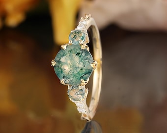Moosachat Verlobungsring alt, Moissanit Gelbgold Ehering, Diamant Ring Geschenk für sie, Versprechen Jahrestag Hochzeitsring Frauen