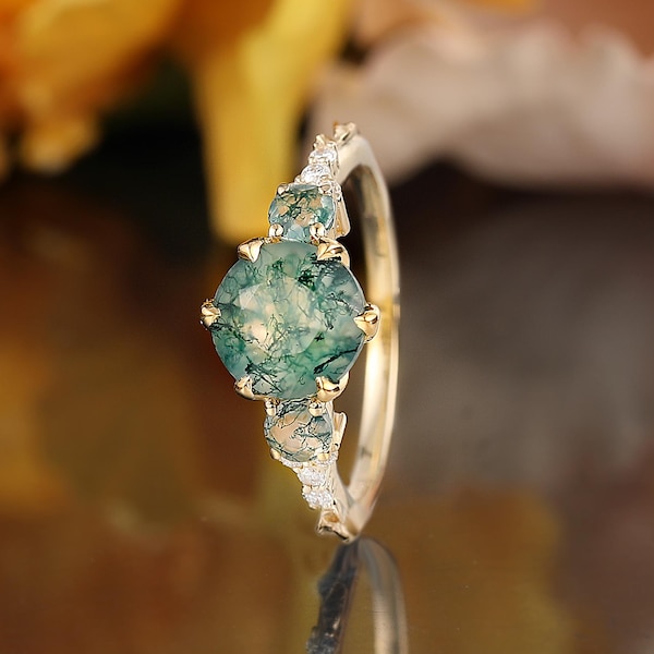 Moosachat Verlobungsring alt, Moissanit Gelbgold Ehering, Diamant Ring Geschenk für sie, Versprechen Jahrestag Hochzeitsring Frauen