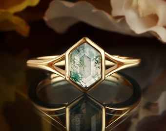 Lange Hexagon Moosachat Verlobungsring, Solitär Gelbgold Ehering, Spaltband Brautring Frauen Versprechen Lünette Jubiläumsring