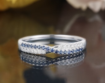 Blue sapphire white gold wedding band half eternity moissanite matching ring diamond stacking ring women unique promise curved bridal ring
