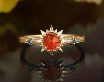 Sunstone engagement ring rose gold, vintage milgrain art deco wedding ring, unique yellow gold bridal ring, three stone alexandrite ring