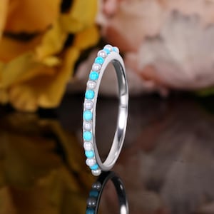 Turquoise white gold wedding band, half eternity pearl matching ring, straight stacking ring, anniversary bridal ring, unique promise ring
