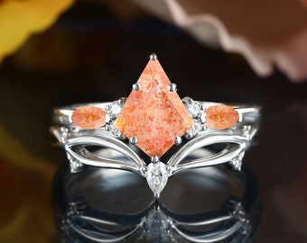 Kite cut sunstone engagement ring Marquise cut white gold bridal set Pear shaped diamond stacking wedding band Moissanite anniversary ring