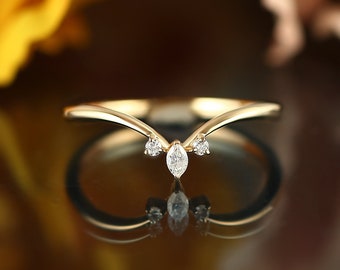 Marquise cut curved wedding band, yellow gold matching ring, chevron stacking ring, moissanite diamond ring, three stone anniversary ring