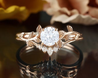 Moissanite engagement ring set, vintage rose gold bridal set, pear shaped diamond curved wedding band, nature inspired leaf branch twig ring