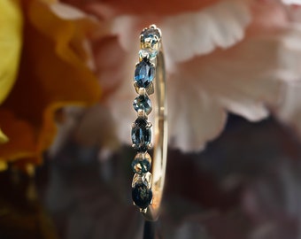 Marquise cut teal sapphire wedding band moss agate yellow gold ring vintage stacking matching bridal ring promise anniversary gift for her