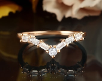 Curved wedding band, rose gold matching ring, chevron stacking ring, baguette cut moissanite diamond ring, promise prong bridal ring women