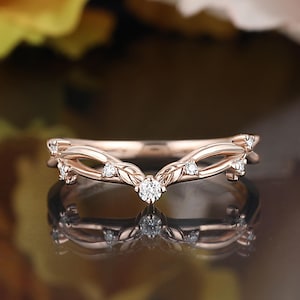 Moissanite rose gold wedding band chevron diamond stacking ring leaf curved wedding ring unique anniversary gift for her promise bridal ring