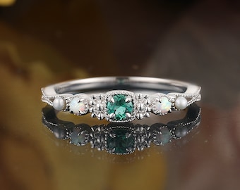 Lab emerald milgrain engagement ring, vintage opal white gold wedding ring, unique pearl anniversary bridal ring women, promise gift for her