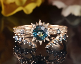 Conjunto nupcial de oro rosa de zafiro verde azulado, anillo de compromiso de alejandrita de laboratorio, alianza de boda a juego de apilamiento abierto milgrain, anillo de aniversario de promesa