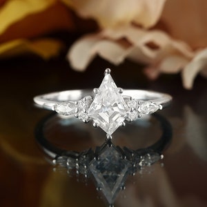 Kite cut moissanite engagement ring, vintage art deco wedding ring, unique white gold bridal prong ring, marquise diamond anniversary ring