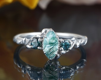 Marquise cut Moosachat Verlobungsring, blau grüner Saphir Ring aus Weißgold, Vintage gebogener Ring, Hochzeitsjubiläum Brautring Frauen