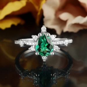 Pear shaped lab emerald engagement ring, diamond moissanite halo set ring, vintage art deco half eternity ring white gold unique bridal ring