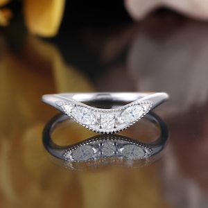 Marquise cut moissanite wedding band, diamond curved white gold wedding ring, unique stacking anniversary bridal ring, promise gift for her
