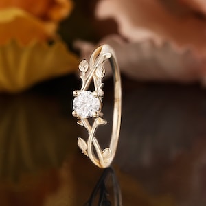 Solitaire moissanite yellow gold engagement ring Nature inspired anniversary bridal ring Unique leaf branch twig twisted curved wedding ring