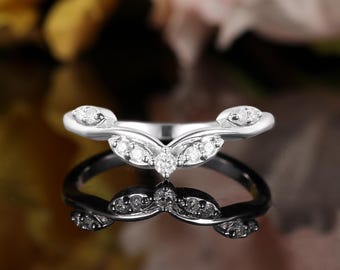 Moissanite chevron curved wedding band white gold Stacking matching band ring Prong set diamond anniversary ring Promise ring gift for her